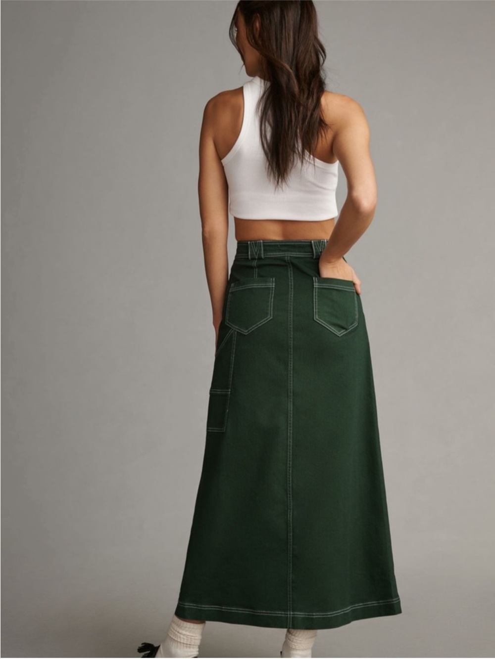 Anthr Pilcro Forest Green Carpenter Skirt Front Slit and Contrast Stitching - Picture 5 of 15